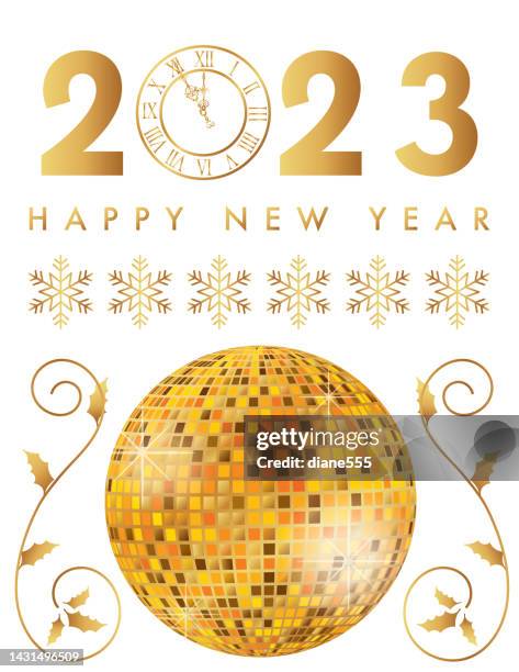 happy new year 2023 elements in gold on a transparent background - new years eve clock stock illustrations