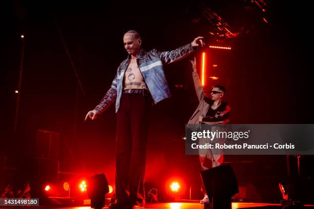 Italian rappers Gemitaiz and Madman perform at Palazzo Della Sport on October 7, 2022 in Rome, Italy.