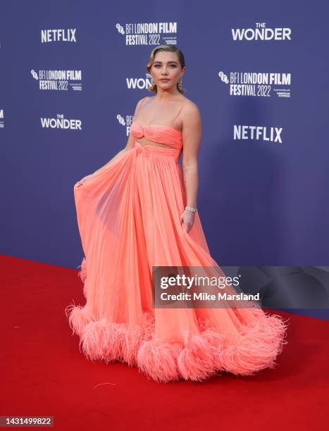 Florence Pugh attends "The Wonder" UK premiere during the 66th BFI London Film Festival at The Royal Festival Hall on October 07, 2022 in London,...