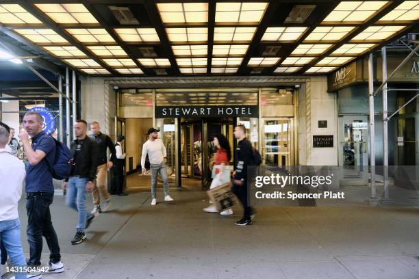 The Stewart Hotel in midtown Manhattan is being used as an intake and assessment center for recently arrived immigrants on October 07, 2022 in New...