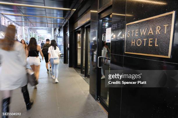 The Stewart Hotel in midtown Manhattan is being used as an intake and assessment center for recently arrived immigrants on October 07, 2022 in New...