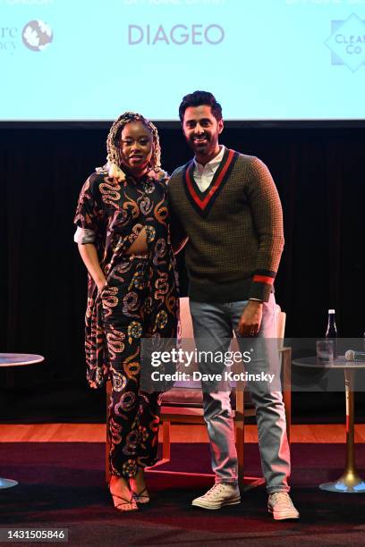 Phoebe Robinson and Hasan Minhaj pose onstage during the 2022 New Yorker Festival at New York Society for Ethical Culture on October 07, 2022 in New...