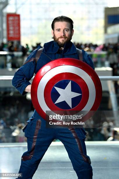 Captain America cosplayer poses during New York Comic Con 2022 on October 07, 2022 in New York City.