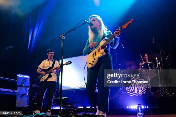 Alec O'Hanley, Molly Rankin and Sheridan Riley of Alvvays perform at Islington Assembly Hall on October 07, 2022 in London, England.