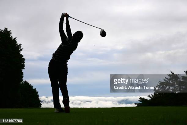 Nozomi Uetake of Japan hits her tee shot on the 8th hole during the rest of the first round of the Stanley Ladies Honda Golf Tournament at Tomei...