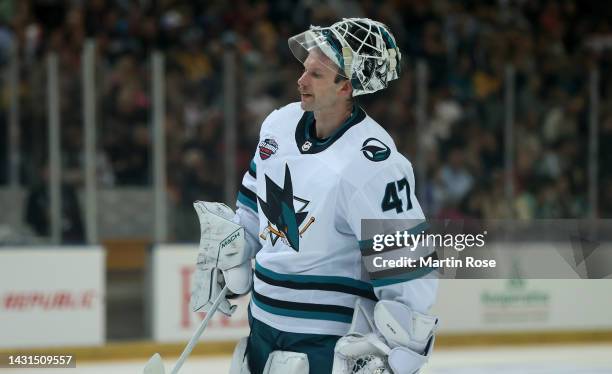 James Reimer, goaltender of San Jose Sharks looks on during the 2022 NHL Global Series Challenge Series Czech Republic between Nashville Predators...