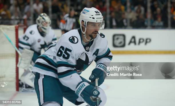 Erik Karlsson of San Jose Sharks skates against the Nashville Predators during the 2022 NHL Global Series Challenge Series Czech Republic between...