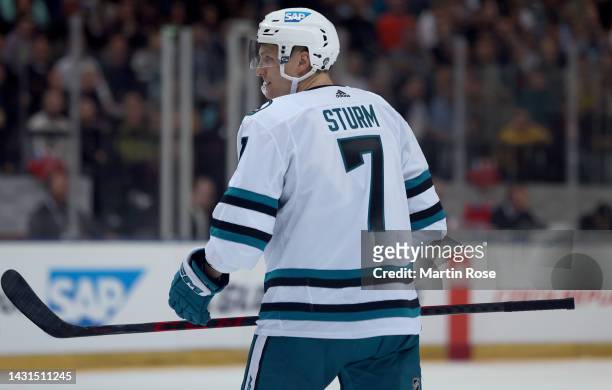 Nico Sturm of San Jose Sharks skates against the Nashville Predators during the 2022 NHL Global Series Challenge Series Czech Republic between...