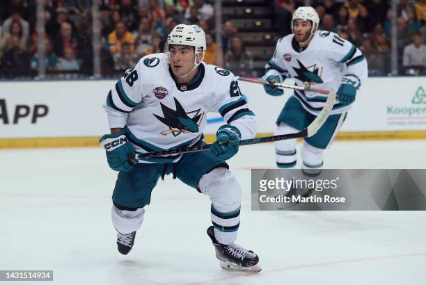 Timo Meier of San Jose Sharks skates against the Nashville Predators during the 2022 NHL Global Series Challenge Series Czech Republic between...