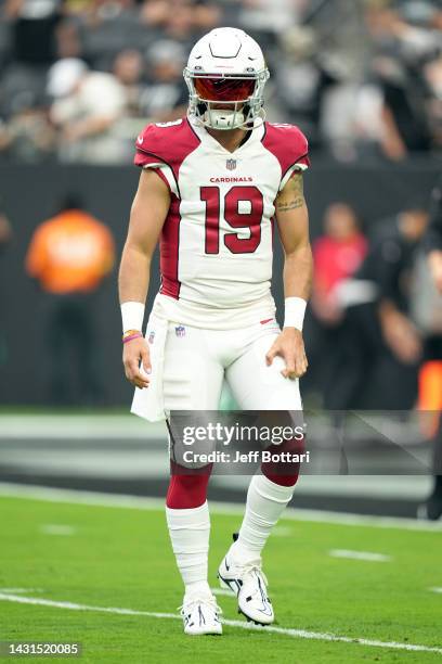 Quarterback Trace McSorley of the Arizona Cardinals warms up before a game against the Las Vegas Raiders at Allegiant Stadium on September 18, 2022...