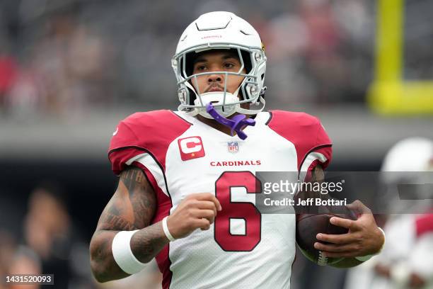 Running back James Conner of the Arizona Cardinals warms up before a game against the Las Vegas Raiders at Allegiant Stadium on September 18, 2022 in...