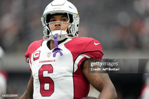 Running back James Conner of the Arizona Cardinals warms up before a game against the Las Vegas Raiders at Allegiant Stadium on September 18, 2022 in...