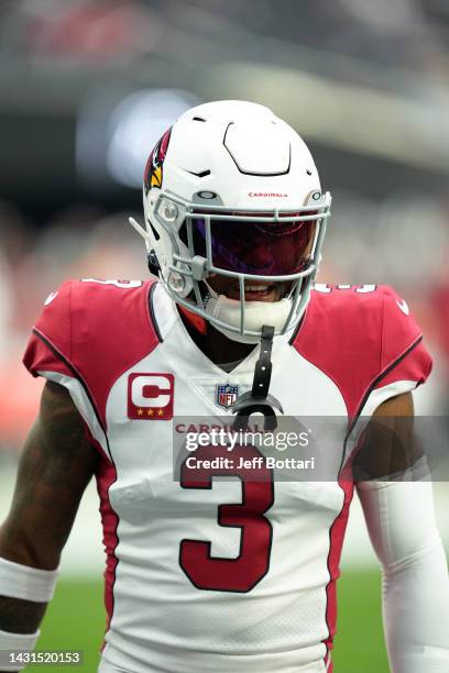 Budda Baker of the Arizona Cardinals warms up before the game against the Las Vegas Raiders at Allegiant Stadium on September 18, 2022 in Las Vegas,...