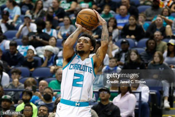 James Bouknight of the Charlotte Hornets attempts a shot during the second quarter of the game against the Boston Celtics at Greensboro Coliseum...