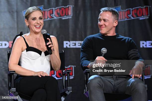 Sarah Michelle Gellar and Teen Wolf creator, Jeff Davis speak onstage at the Teen Wolf: Wolf Pack panel during New York Comic Con 2022 on October 07,...