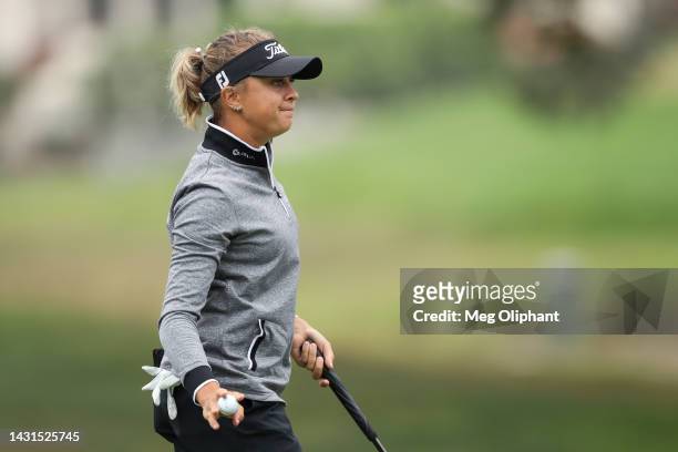 Pauline Roussin of France reacts after the third hole during the second round of the LPGA MEDIHEAL Championship at The Saticoy Club on October 07,...