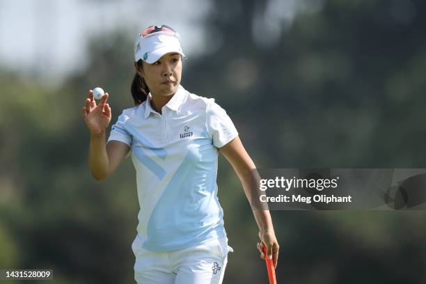 Haeji Kang of South Korea reacts after playing the 18th hole during the second round of the LPGA MEDIHEAL Championship at The Saticoy Club on October...