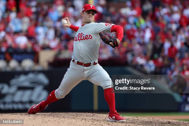 David Robertson of the Philadelphia Phillies throws a pitch against the St. Louis Cardinals during the eighth inning of Game One of the NL Wild Card...