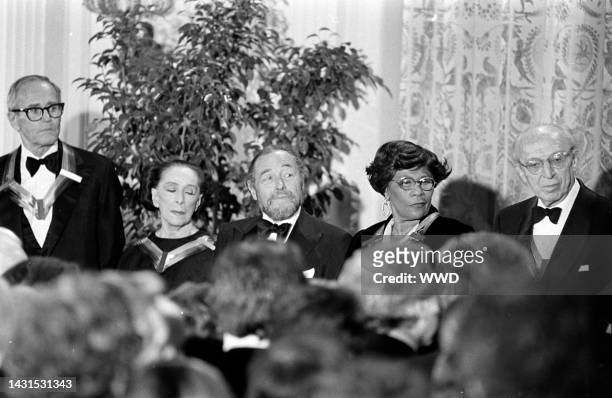 Henry Fonda, Martha Graham, Tennessee Williams, Ella Fitzgerald, and Aaron Copland attend an event at the White House in Washington, D.C., on...