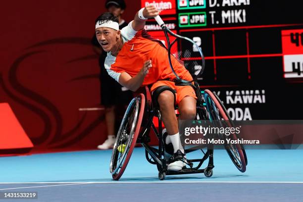 Tokito Oda of Japan competes against Daisuke Arai and Takuya Miki of Japan during the Wheelchair Doubles Final match on day Five of the Rakuten Japan...
