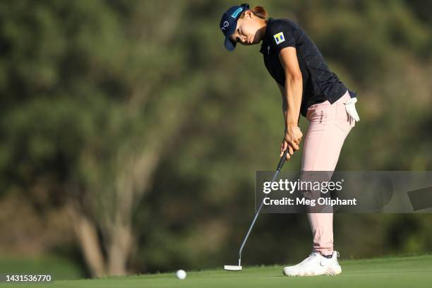 Hinako Shibuno of Japan putts on the 18th green during the second round of the LPGA MEDIHEAL Championship at The Saticoy Club on October 07, 2022 in...