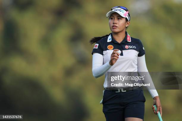 Atthaya Thitikul of Thailand reacts after playing the 18th hole during the second round of the LPGA MEDIHEAL Championship at The Saticoy Club on...