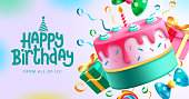 Birthday cake vector background design. Happy birthday greeting text with yummy cake element decoration
