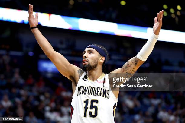 Jose Alvarado of the New Orleans Pelicans reacts to the fans during the third quarter of of an NBA preseason game against the Detroit Pistons at...