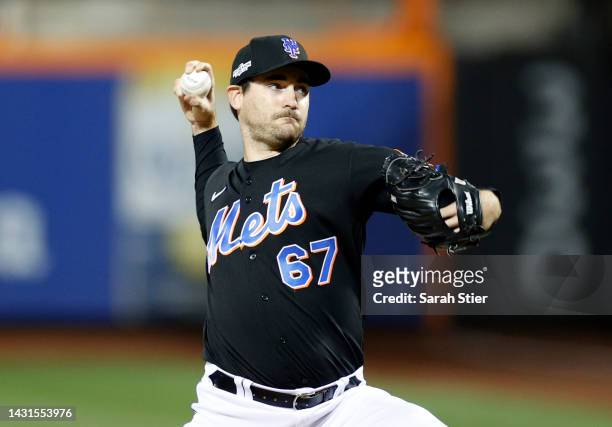 Seth Lugo of the New York Mets pitches during the seventh inning of Game One of the NL Wild Card Series against the San Diego Padress at Citi Field...