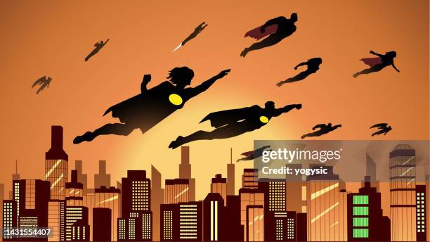 vector flying superhero silhouette in a city stock illustration - cosplay stock illustrations