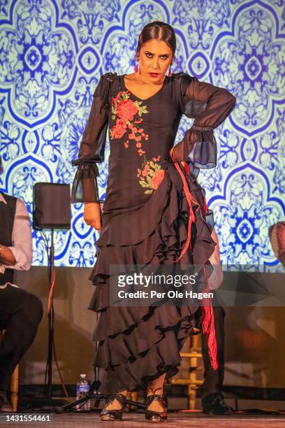 Finalist Victoria Macias Costelo performs on stage at the 9th "Ventana Abierta" Flamenco Competition for young dancers and singers on October 07,...