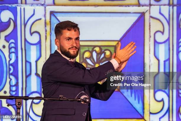 Finalist Jesus Reyes Campos performs on stage at the 9th "Ventana Abierta" Flamenco Competition for young dancers and singers on October 07, 2022 in...