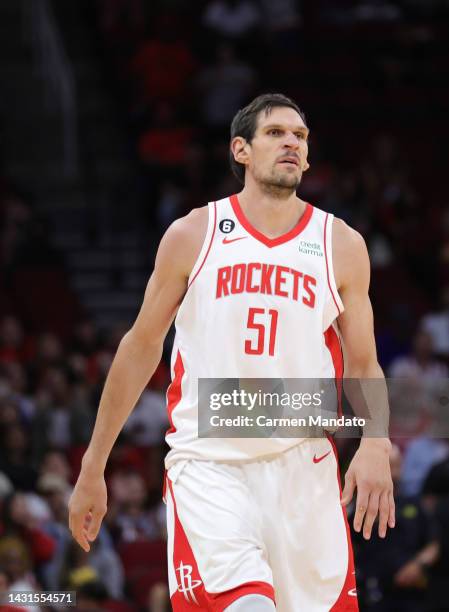 Boban Marjanovic of the Houston Rockets enters the game in the final minute against the Toronto Raptors during the second half at Toyota Center on...