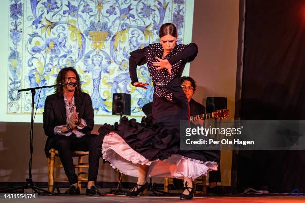 Finalist Nieves Cortes Berna performs on stage at the 9th "Ventana Abierta" Flamenco Competition for young dancers and singers on October 07, 2022 in...