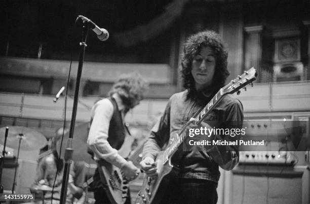 Guitarist Peter Green and bassist John McVie, of British rock group Fleetwood Mac, rehearsing at the Royal Albert Hall, London, 22nd April 1969.