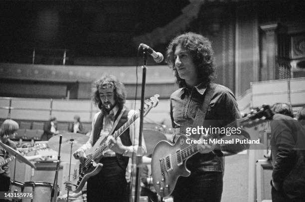 Guitarist Peter Green and bassist John McVie, of British rock group Fleetwood Mac, rehearsing at the Royal Albert Hall, London, 22nd April 1969.