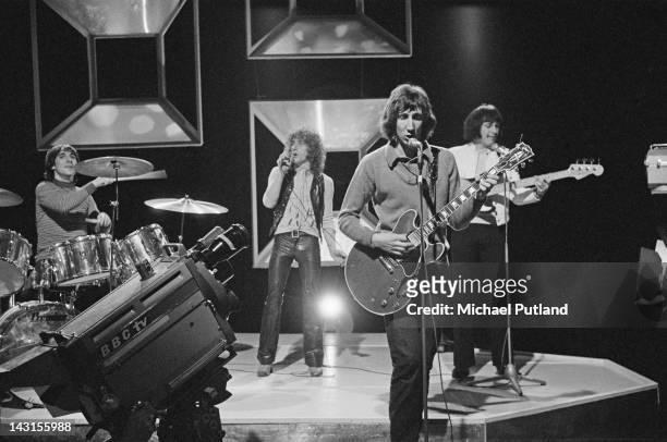 English rock group The Who performing on the the BBC music show 'Top Of The Pops', 24th April 1969. Left to right: Keith Moon , Roger Daltrey, Pete...