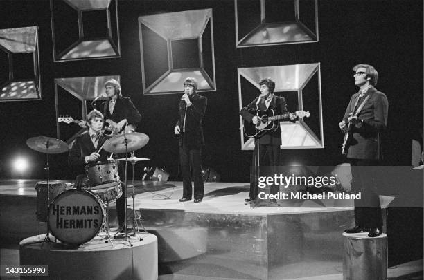 English pop group Herman's Hermits performing on the the BBC music show 'Top Of The Pops', 24th April 1969. Left to right: Barry Whitwam, Karl Green,...