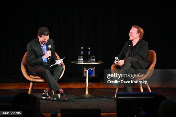 David Remnick and Bono speak onstage during the 2022 New Yorker Festival at New York Society for Ethical Culture on October 07, 2022 in New York City.