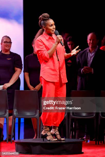 Issa Rae speaks at the 2022 LAFW: A N4XT Experience - Issa Rae: The Delta Runway Runway Collection at Advanced Airlines on October 07, 2022 in...
