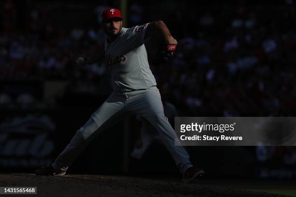 Zach Eflin of the Philadelphia Phillies throws a pitch against the St. Louis Cardinals during Game One of the NL Wild Card series at Busch Stadium on...