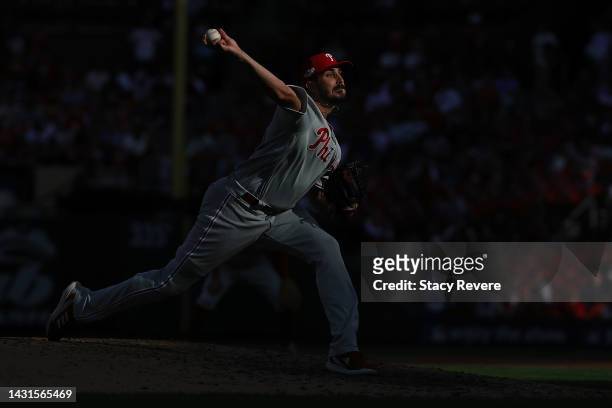 Zach Eflin of the Philadelphia Phillies throws a pitch against the St. Louis Cardinals during Game One of the NL Wild Card series at Busch Stadium on...