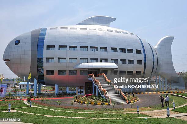 General view shows the newly opened National Fisheries Development Board building, designed to resemble a fish, in Hyderabad on April 20, 2012. The...