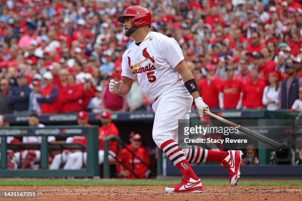Albert Pujols of the St. Louis Cardinals at bat during Game One of the NL Wild Card series against the Philadelphia Phillies at Busch Stadium on...