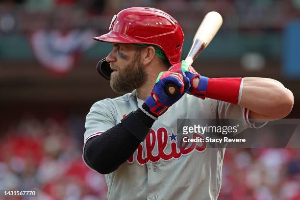 Bryce Harper of the Philadelphia Phillies in the on deck circle during Game One of the NL Wild Card series against the St. Louis Cardinals at Busch...