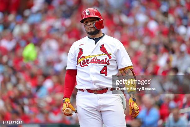 Yadier Molina of the St. Louis Cardinals at bat during Game One of the NL Wild Card series against the Philadelphia Phillies at Busch Stadium on...