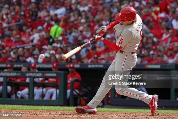 Bryson Stott of the Philadelphia Phillies at bat during Game One of the NL Wild Card series against the St. Louis Cardinals at Busch Stadium on...