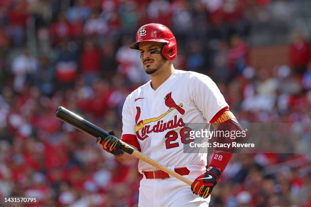 Nolan Arenado of the St. Louis Cardinals at bat during Game One of the NL Wild Card series against the Philadelphia Phillies at Busch Stadium on...