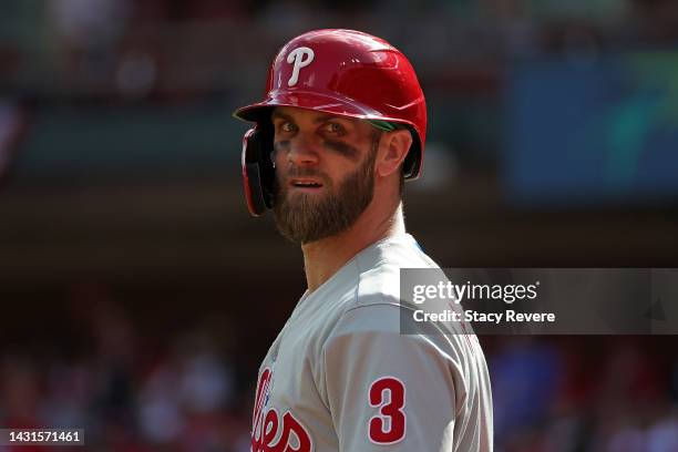 Bryce Harper of the Philadelphia Phillies in the on deck circle during Game One of the NL Wild Card series against the St. Louis Cardinals at Busch...