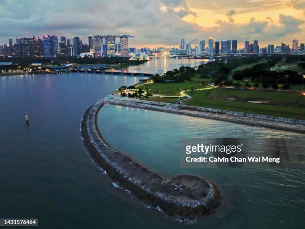 aerial view of singapore skyline and cityscape during sunset - jasper national park stock pictures, royalty-free photos & images